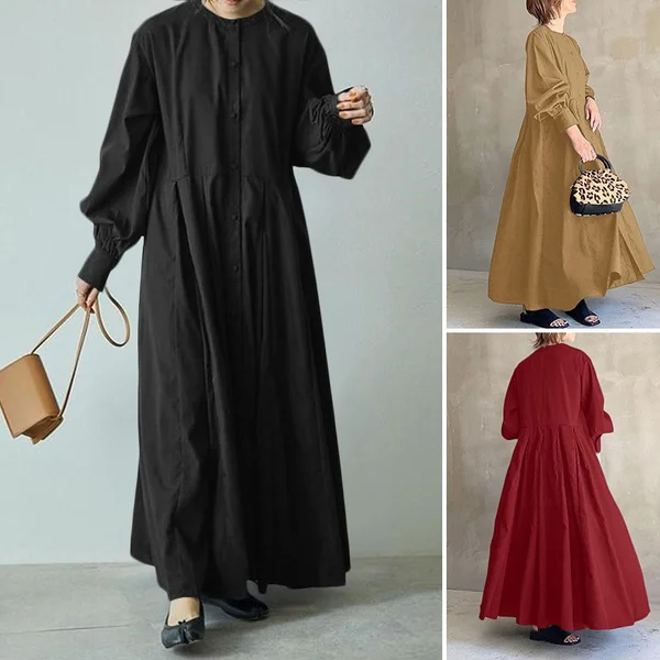 Women Street Fashion O-Neck Baggy Dress Puff Sleeve Solid Color Casual Dress Plus Size Loose Long Dress