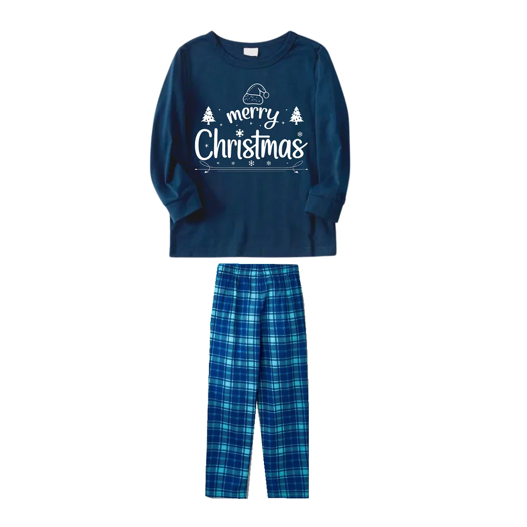 "Merry Christmas" White Letter 2024 Blue Long Sleeve Top With Blue Plaid Couple Matching Pajamas