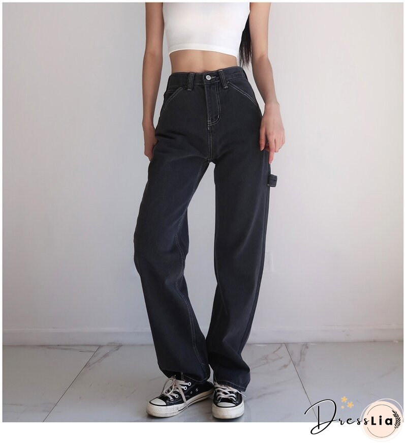 JOSKAA High Waisted Jeans for Women Black Denim Pants Clothes Lace Up Spliced Trousers Straight Fashion Vintage Streetwear NEW