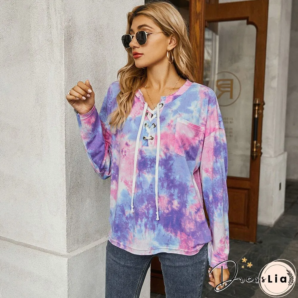 Sale Women Tie Dye PrintT-shirt Long Sleeved Loose Top For Autumn Cross Bandage Casual