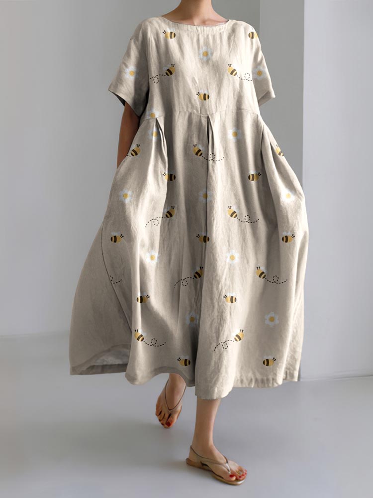 Comstylish Women's Vintage Bee Art Cozy Linen Maxi Dress