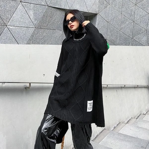 Fashion Black O Neck Long Sleeve Oversized Knit Sweater