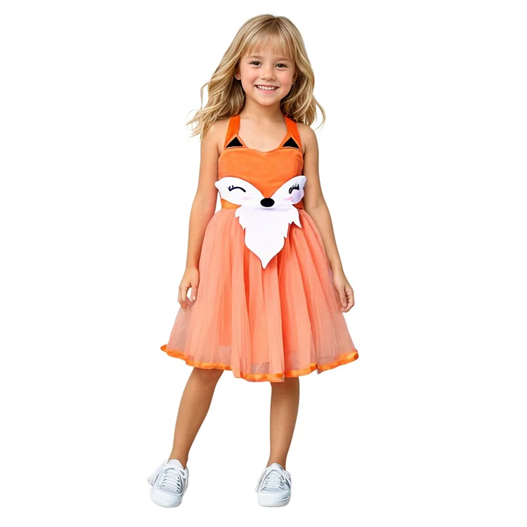 Kids Children Fox Animal Orange Tulle Dress Outfits Costume Stage Performance Carnival Suit