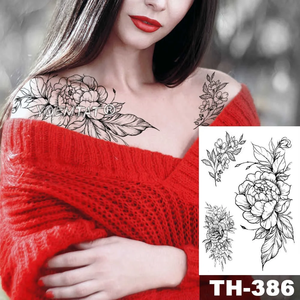 Heart shaped Clock Jewel Rose Waterproof Temporary Tattoo Sticker Black Arm Back Flowers Big Tatto Body Art Fake Tatoo For Women