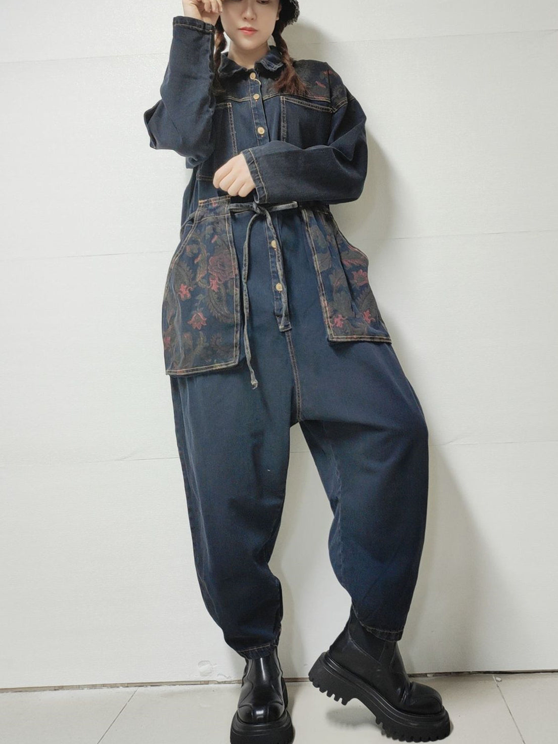 Women's Floral Printed Gradient Casual Retro Wide-leg Workwear Denim Overalls Jumpsuit