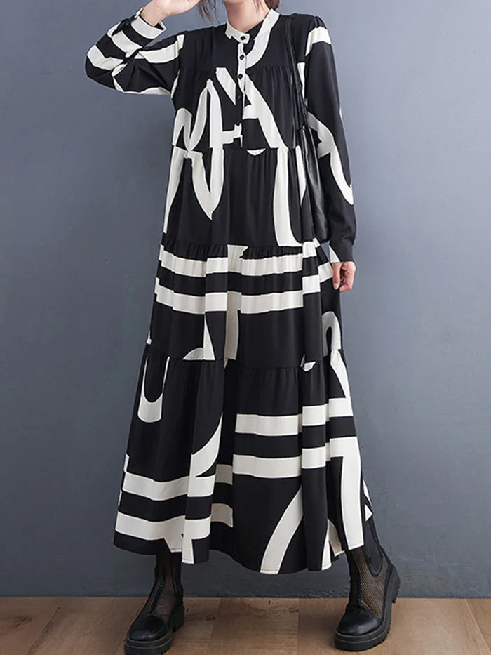 Fashion Long Sleeve Printed Midi Dress