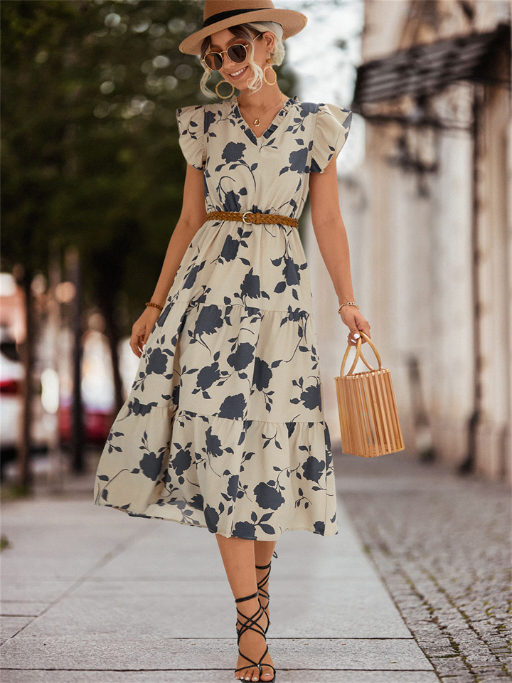 Spring/Summer Solid Color V-neck Print Flying Sleeve Dress Apricot Black