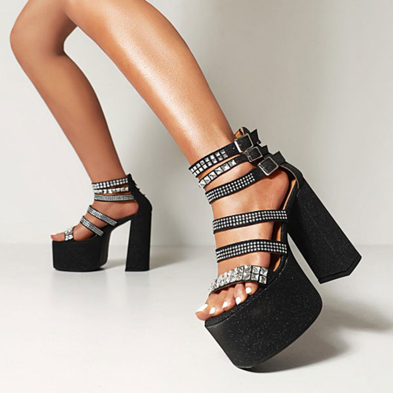 GOOSHOE Rhinestone Chunky Heel Strappy Open Toe Sandals