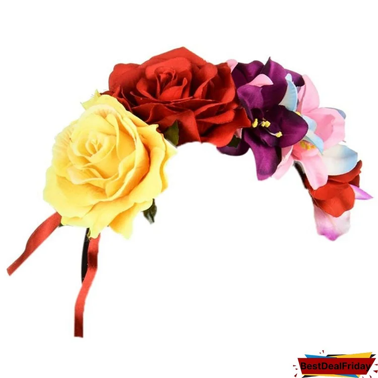 Women Mexican Assorted Colors Handmade Rose Flower Crown Headband Party Costume Hair Hoop Bohemian Vacation Adjustable Headpiece TUE