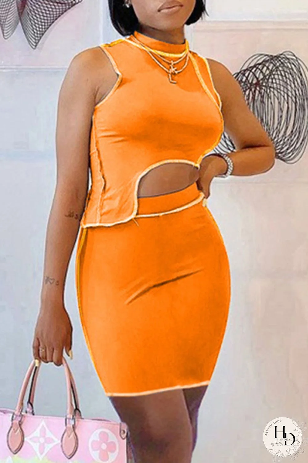 Blue Sexy Casual Solid Split Joint Asymmetrical Half A Turtleneck Sleeveless Two Pieces