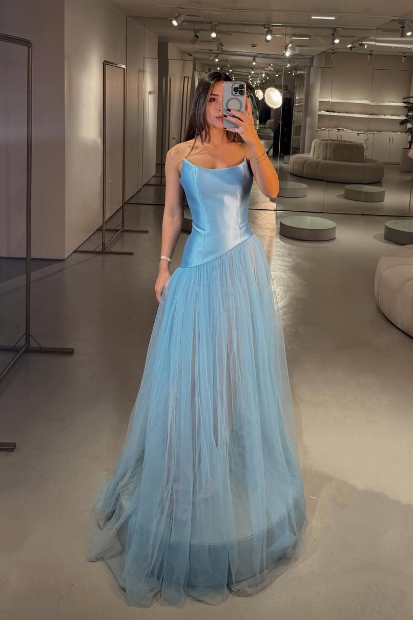 Oknass Chic Tulle Strapless Sleeveless Long Prom Dress With Pleated 