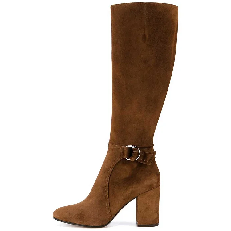 Brown Vegan Suede Round Toe Block Heel Buckled Tall Boots for Women |FSJ Shoes