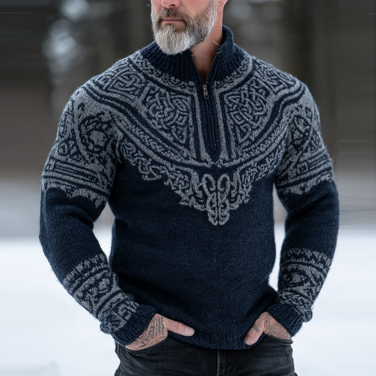 Men's Vintage Viking Celtic Knot Pattern Knit Half Zipped Sweater elevenforest