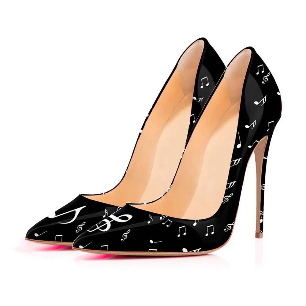 VCSHOES Women Music Notes Printed Leather Pumps Stiletto Thin Heels High Heels Woman Shoes Celebrity High-heeled Zapatos Mujer