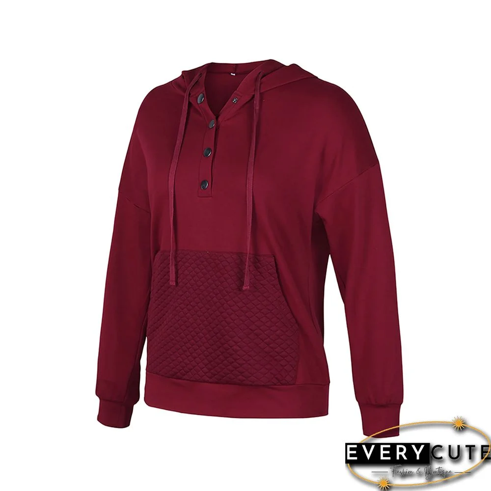 Solid Wine Red Button Collar Pocket Hoodie