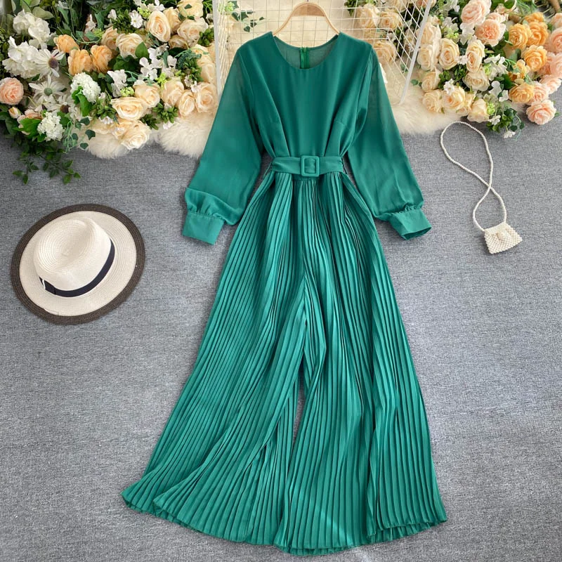 Women's Spring and Autumn Jumpsuit New Solid Color Round Neck Long-sleeved Pleated Wide-leg Pants Lace Up Thin Jumpsuit LL061