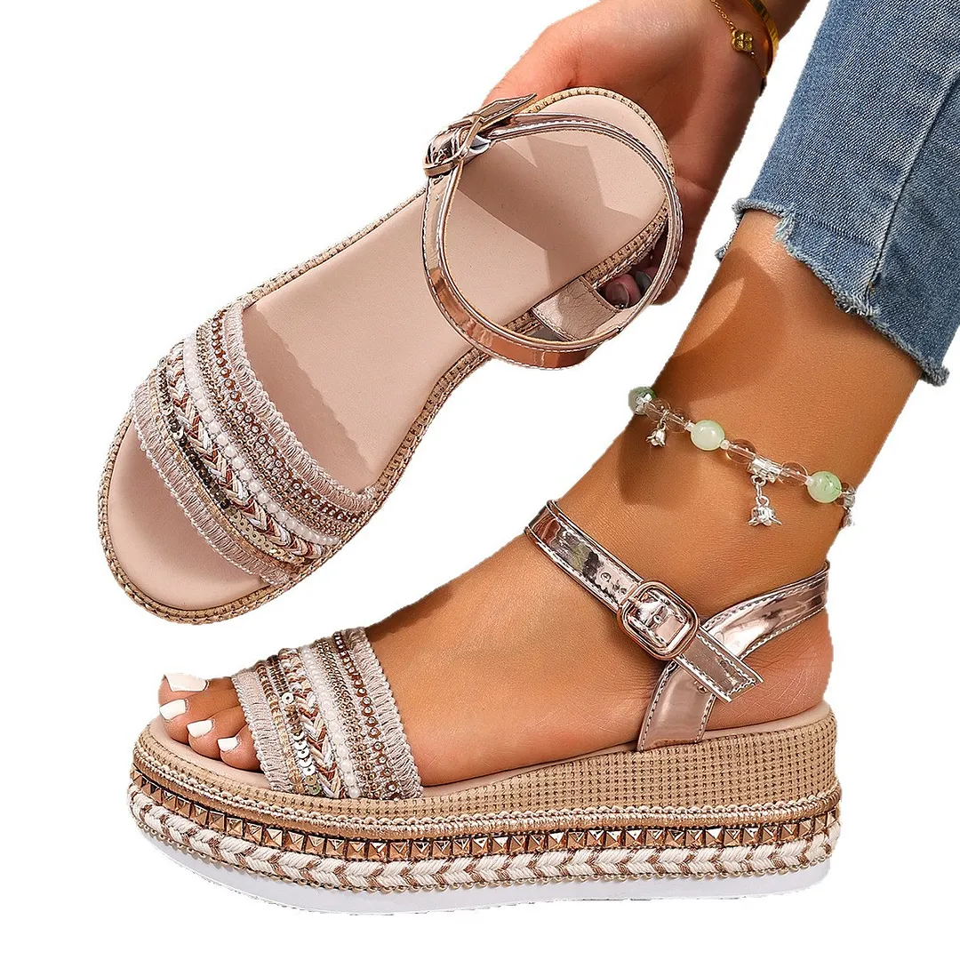 Yyvonne Summer New Large-Size Fish Mouth Buckle Slope Heel Sandals Women's Fashion Comfortable Thick-Soled Bright Face Women's Sandals