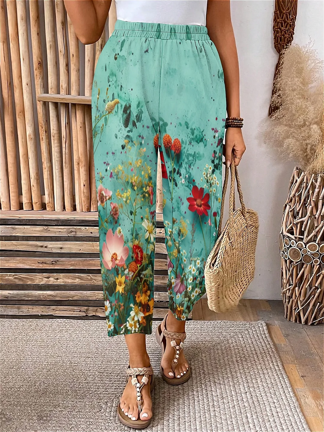 Plus Size Elastic Waist Turquoise,Floral,Bohemian Printed Pants