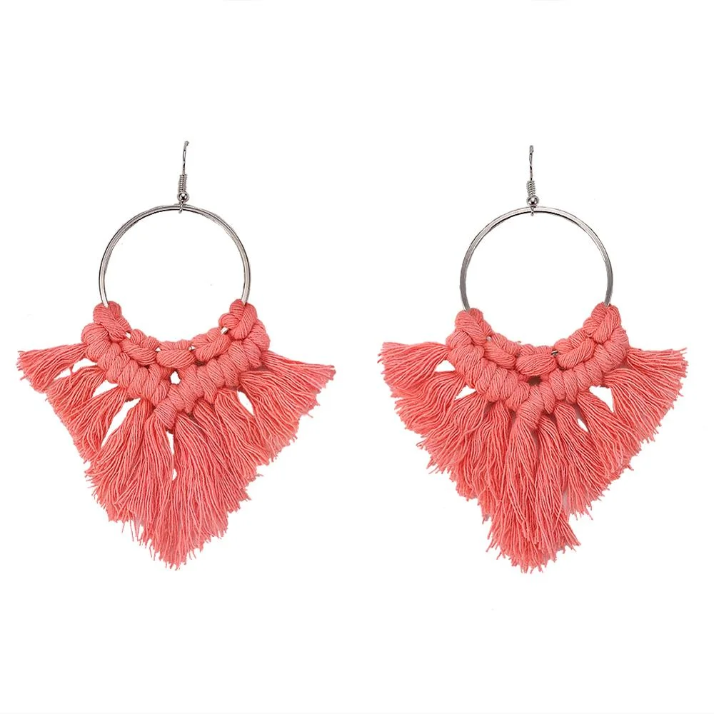 Dvacaman Ethnic Handmade Weave Macrame Earrings Cotton Thread Feather Fringe Tassel Earrings Wedding Jewelry Women Accessories