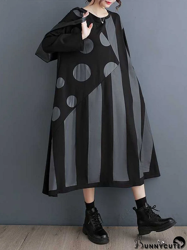 A-Line Long Sleeves Asymmetric Polka-Dot Split-Joint Striped Round-Neck Midi Dresses