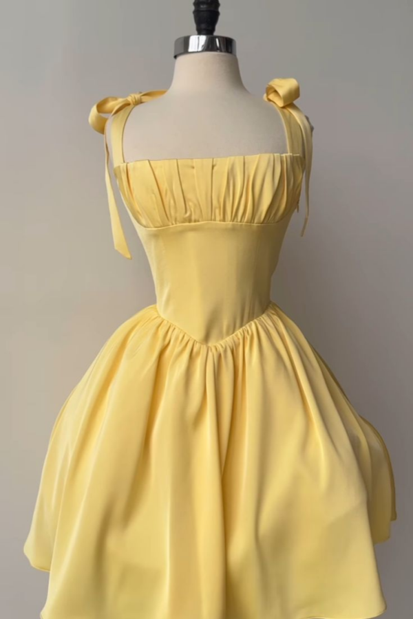 Miabel Chic Light Yellow Wide Shoulder Straps Pleated Sleeveless Homecoming Dress 