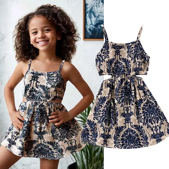 【18M-7Y】Girls' Fashion Cut-Out Waist Vintage Casual Print Dress