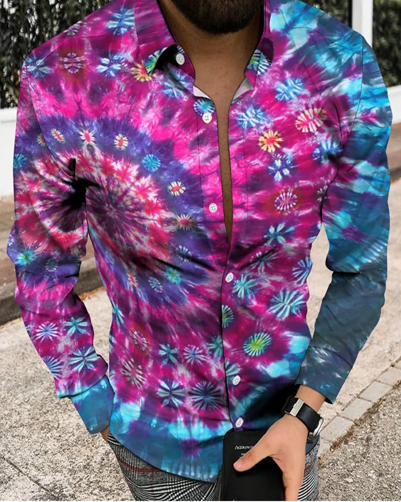 Suitmens Men's Tie-Dye Pattern Long Sleeve Shirt 023