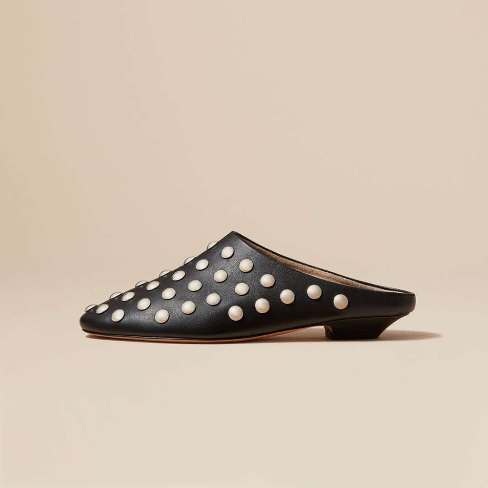Black Round Toe Studded Flat Mules Casual Shoes for Women