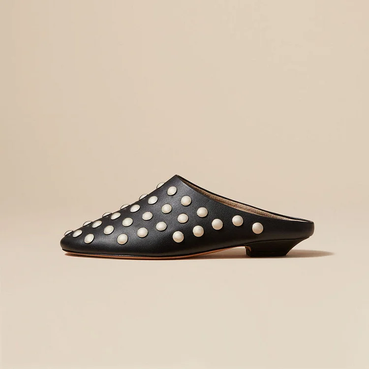 Casual Black Round Toe Low Heel Studded Mules for Women |FSJ Shoes