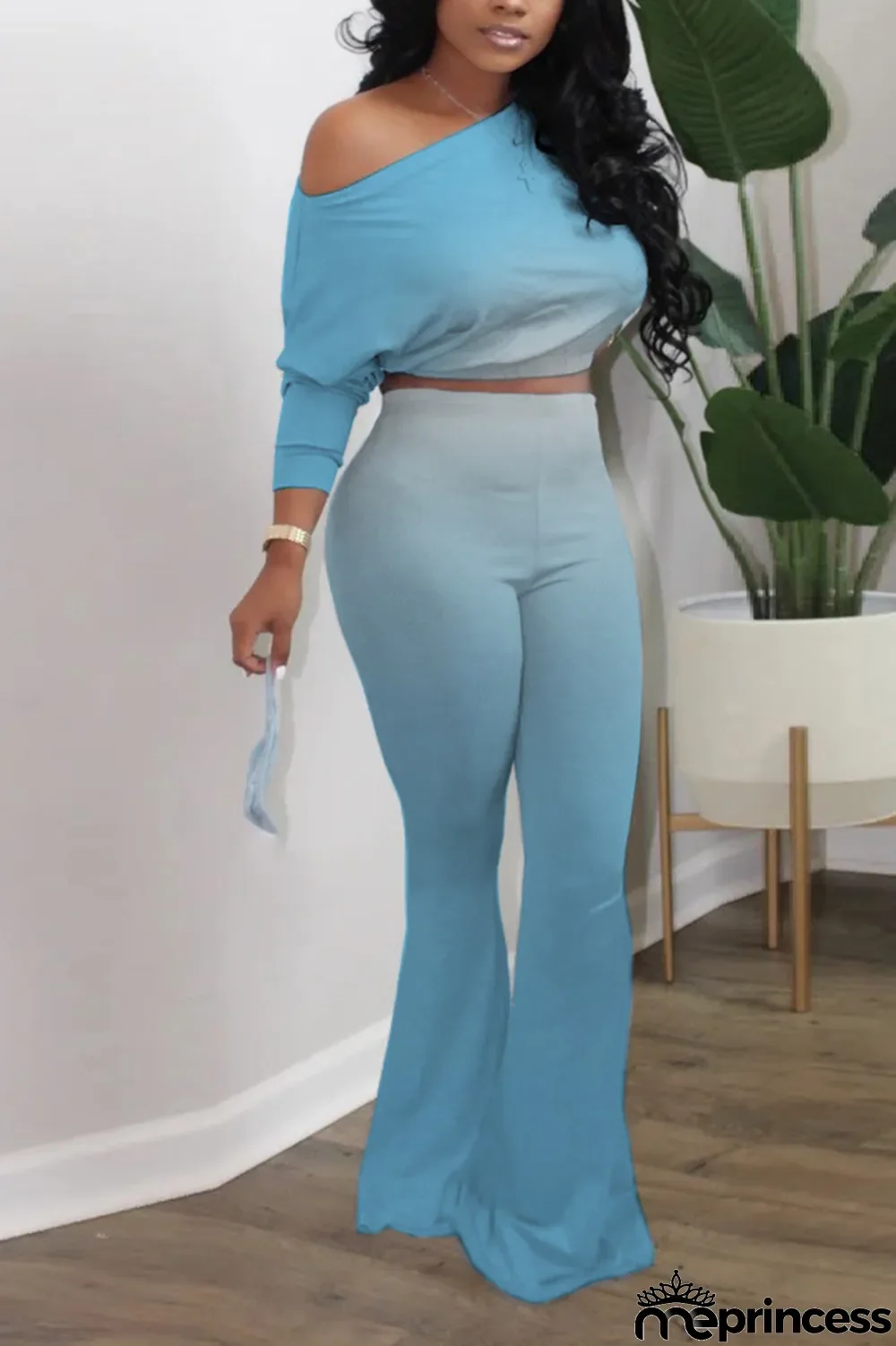 Baby Blue Sexy Gradual Change Split Joint One Shoulder Half Sleeve Two Pieces