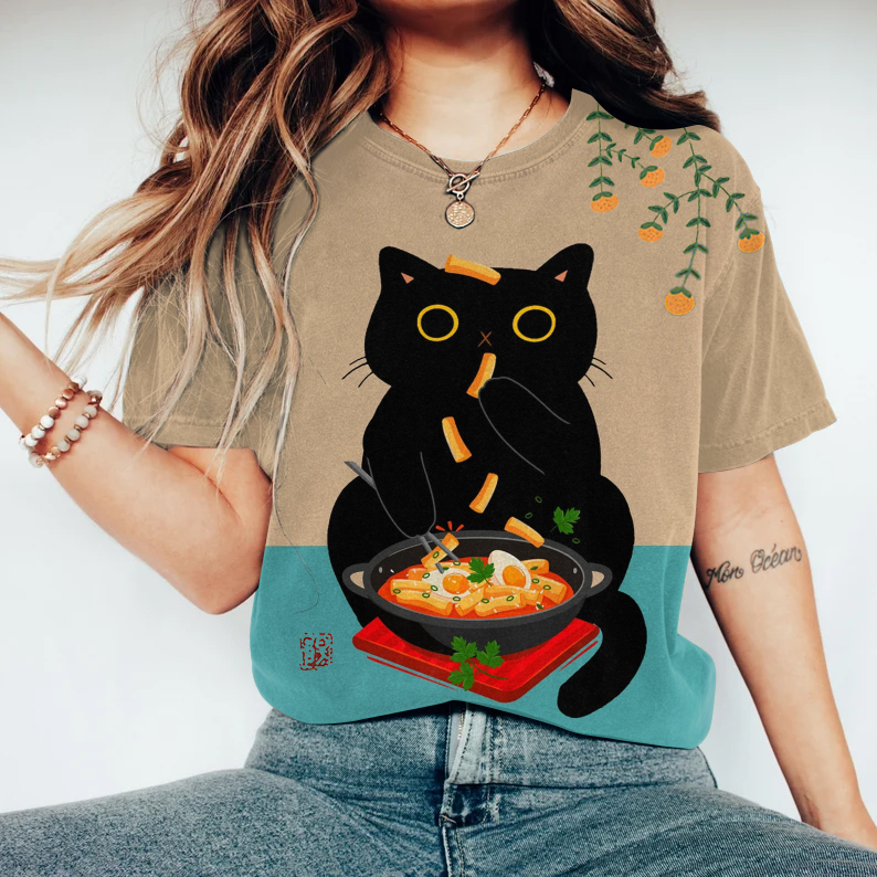 Comstylish Abstract Creative Cute Black Cat Love Tteokbokki Painting Art T-Shirt