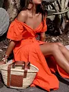 Split-Front Puff Sleeves Maxi Dress