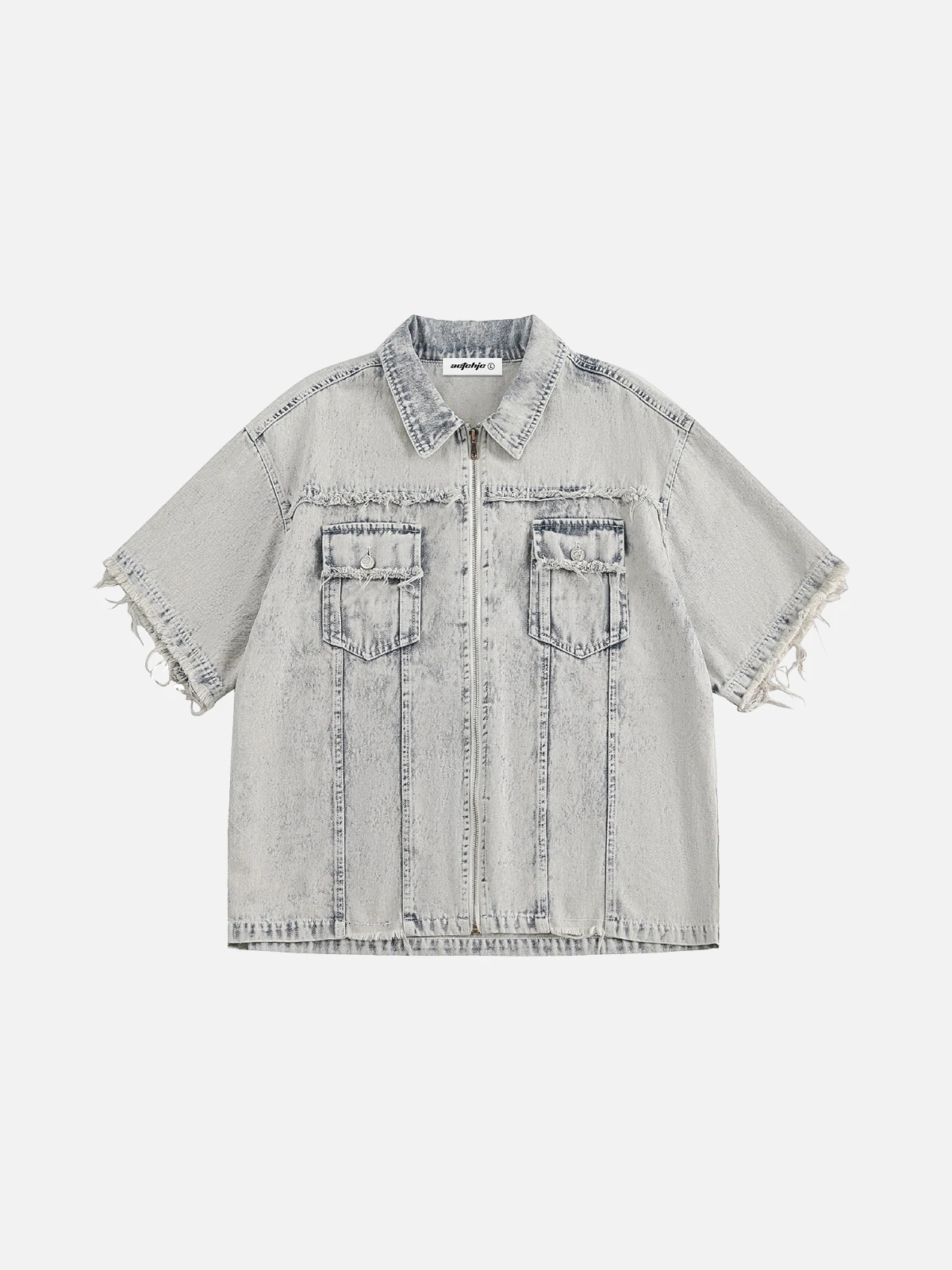 Blue Vintage Washed Fringe Denim Short Sleeve Shirt Front