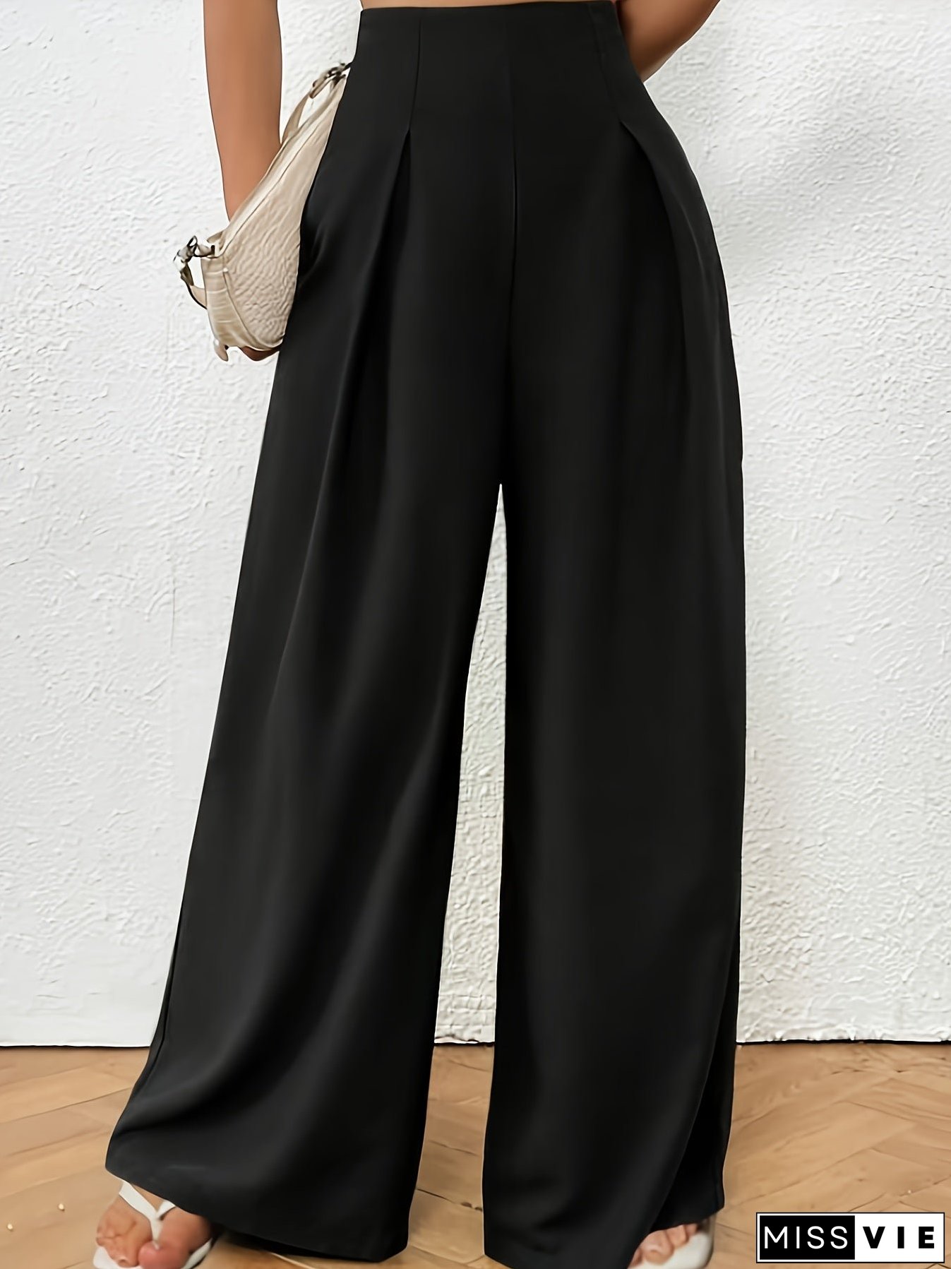 Plus Size Solid Pleated Wide Leg Pants, Casual High Waist Pants, Women's Plus Size Clothing