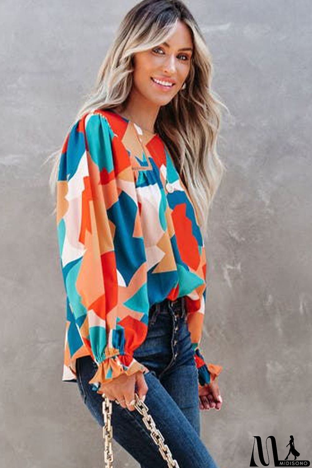 MidiSono - Abstract Pattern Crewneck Ruffled Puff Sleeve Blouse