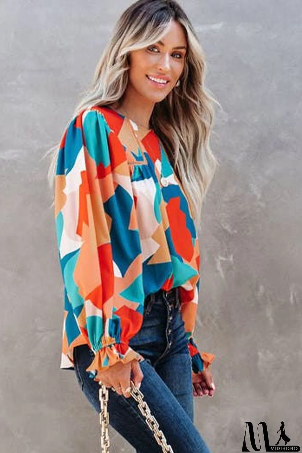 MidiSono - Abstract Pattern Crewneck Ruffled Puff Sleeve Blouse