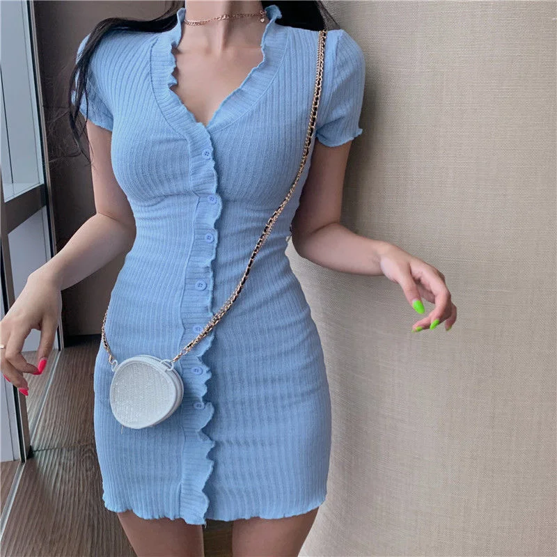 Women Korean Styles Short Sleeve Button Down Solid Color V-neck Party Mini Dress Feminina Bodycon Dress Robe Femme