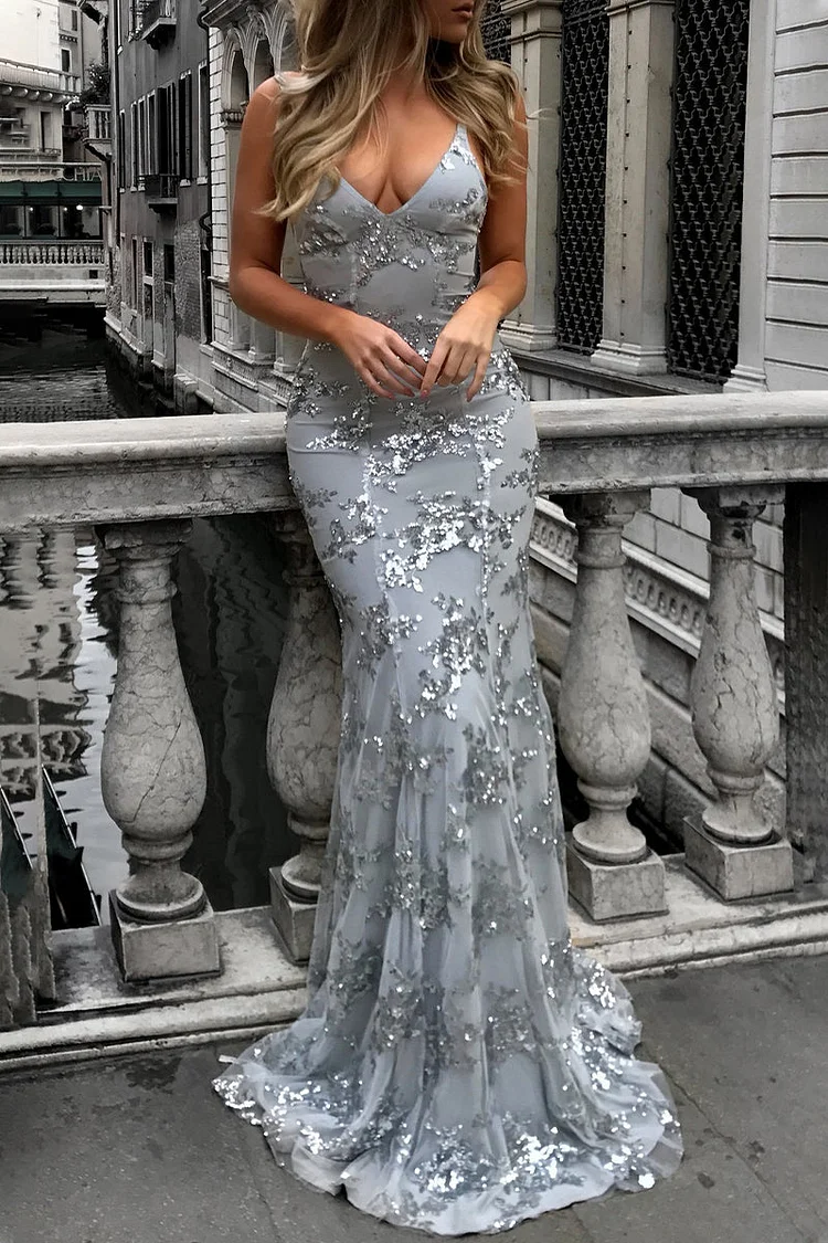 Celebrities Elegant Solid Sequins Frenulum V Neck Evening Dress 