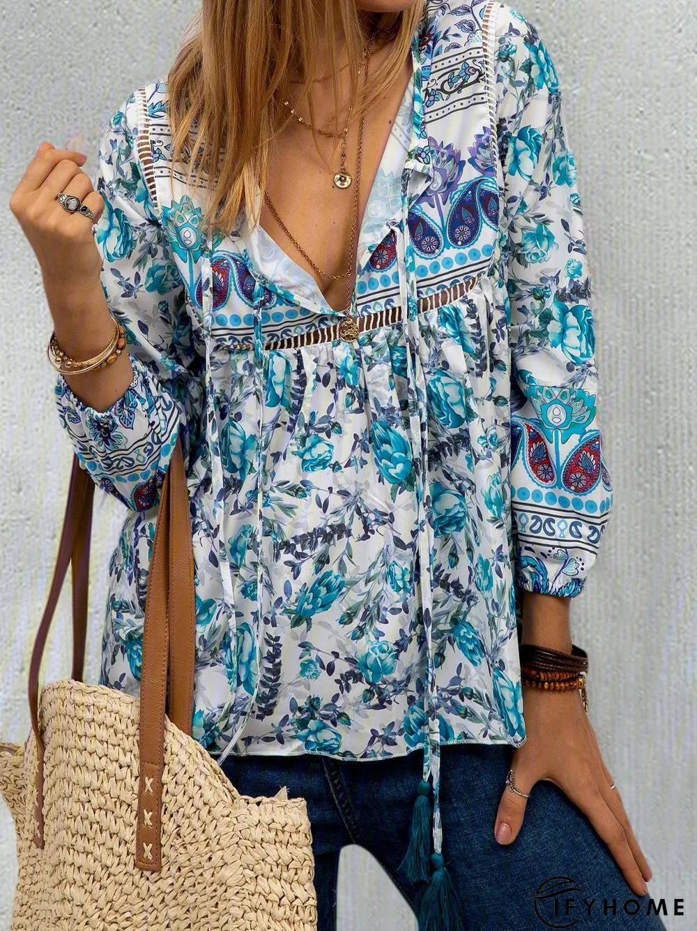 Ethnic Bohemian Floral Print Long Sleeve V-Neck Women Blouse Top | IFYHOME