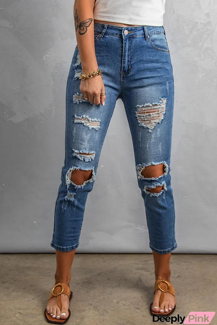 Distressed Holes Crop Jeans