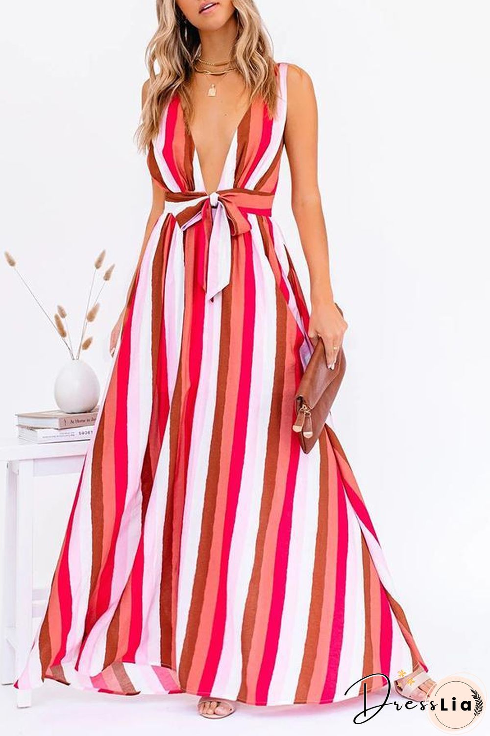 V-neck Striped Bow Multi-Length Dress P16361