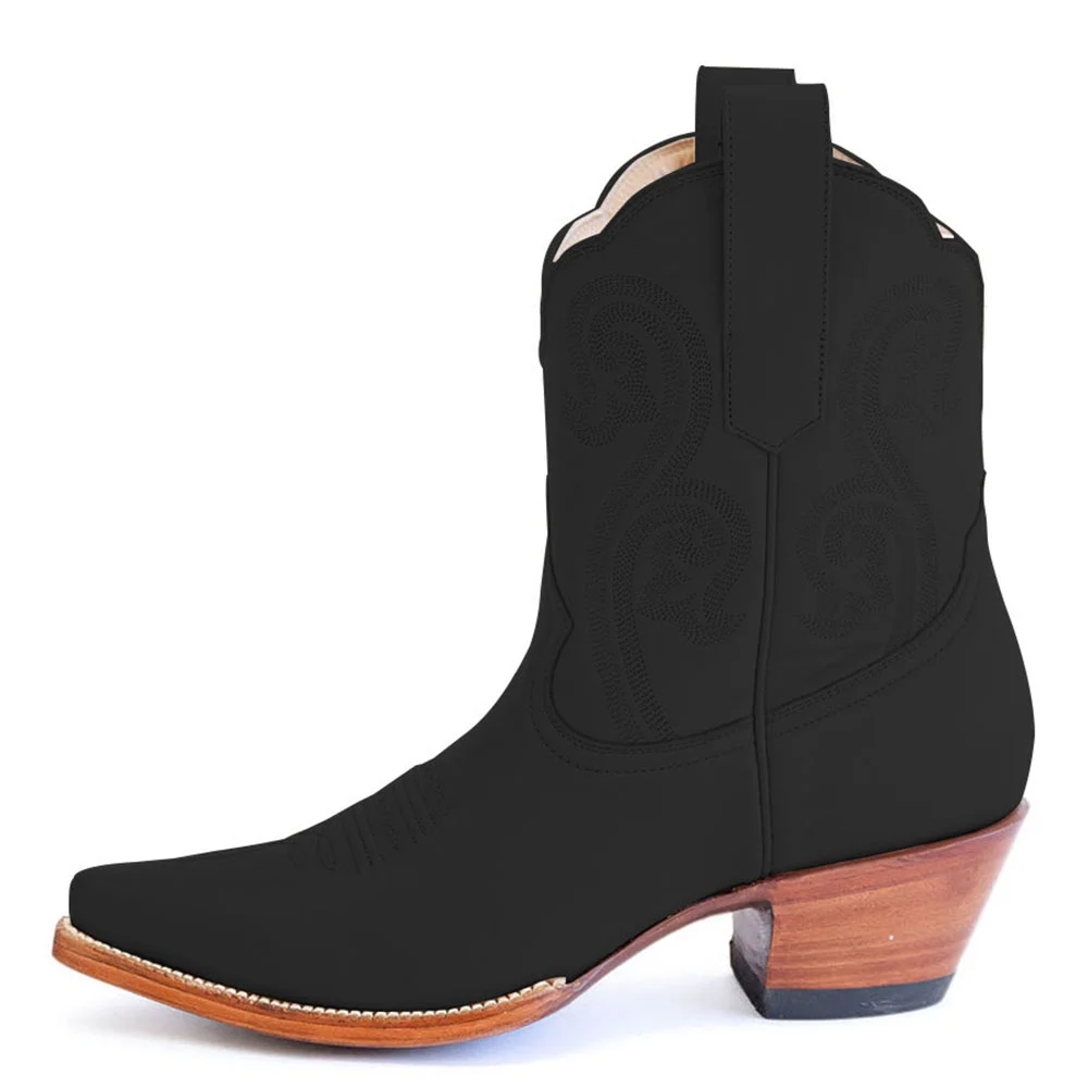Black Embroidered Snip Toe Chunky Heel Western Short Boots for Women
