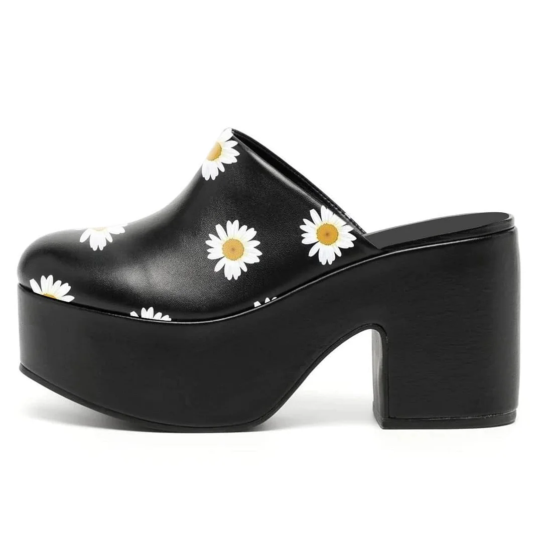Black Vegan Leather Block Heel Platform Mules with Daisy Print