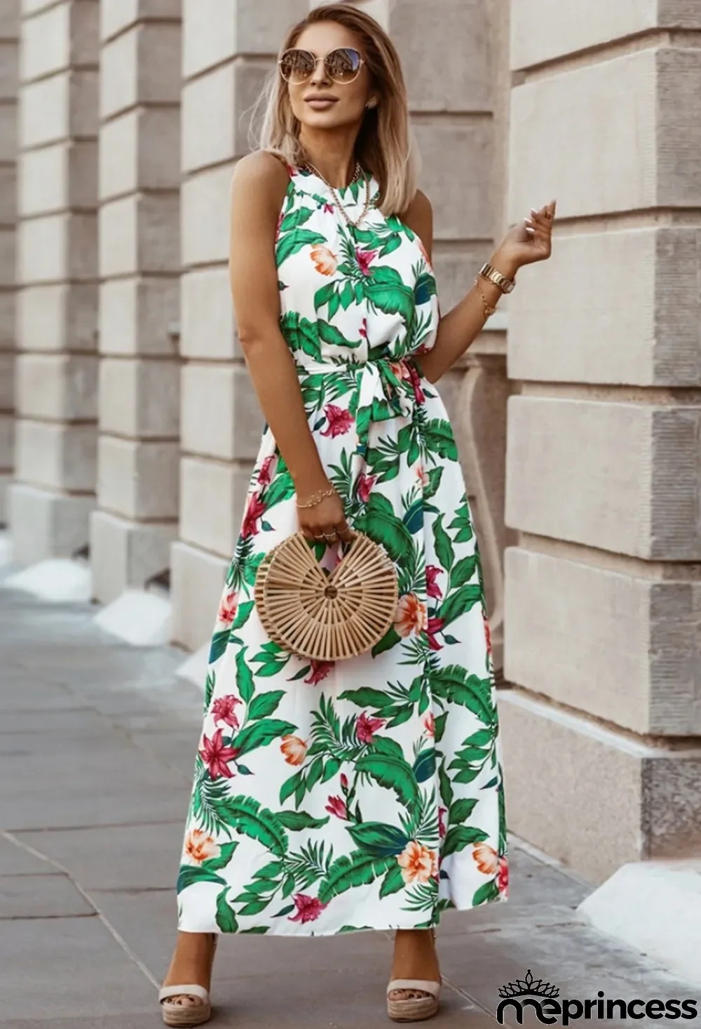 Summer Classy Floral Halter Long Dress with Belt