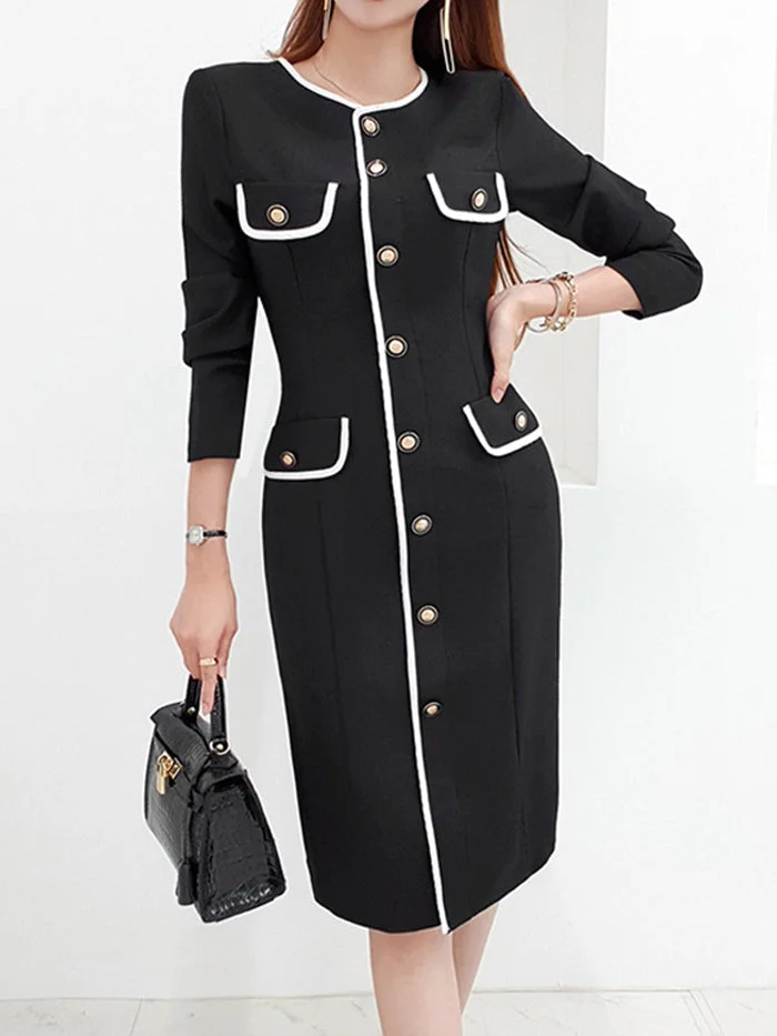 Single-breasted Color Block Fashion Dress