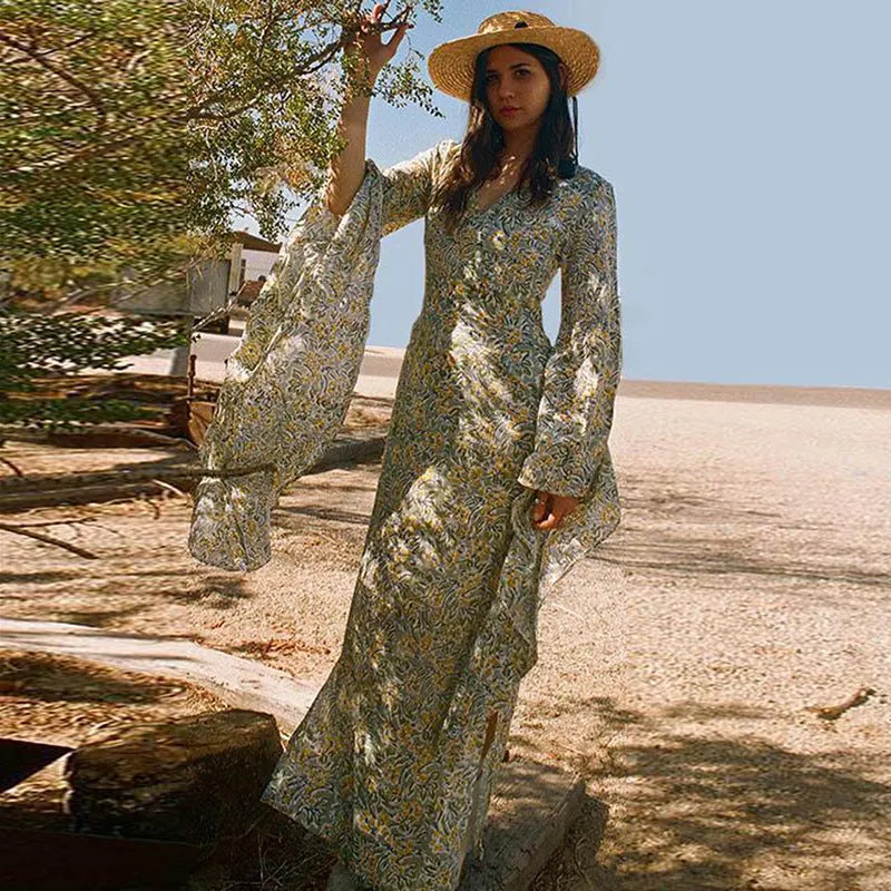 Brownm Long Bohemian Batwing Sleeve Printed Dresses