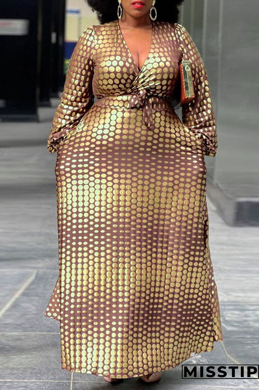 Brown Casual Print Polka Dot Patchwork V Neck A Line Plus Size Dresses