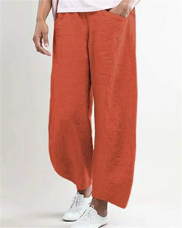 Women Plus Size Casual Wide Leg Shift Cotton Pockets Solid Pants