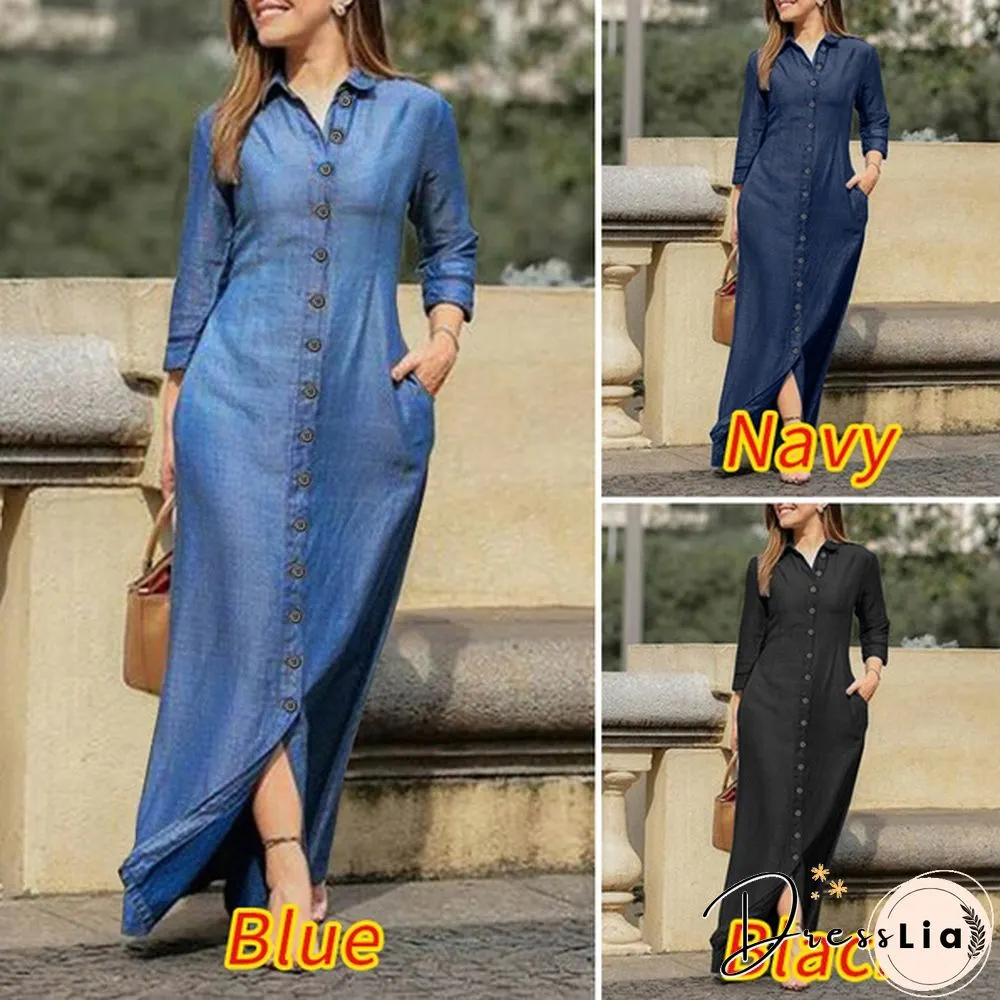 Vonda Color Womens Shirt Dress Spring Fall Long Sleeve Button Down Lapel Collar Midi Plus