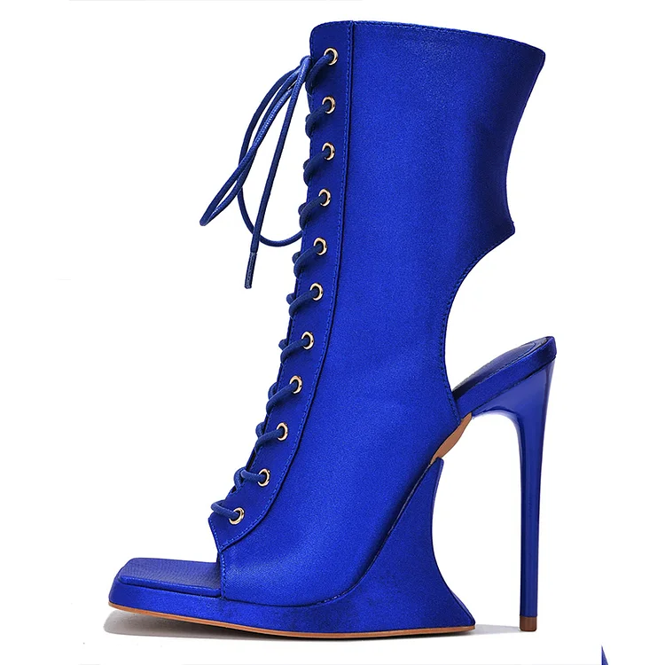 Royal Blue Open Toe Lace Up Ankle Boots with Stiletto Heel |FSJ Shoes